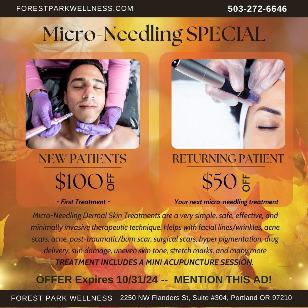 To celebrate we're excited to offer $100 OFF your first Micro-Needling treatment for the discounted rate of $200 AND if you're a Returning Micro-Needling Patient $50 OFF your NEXT Micro-Needling Treatment! Expires 10/31/24!